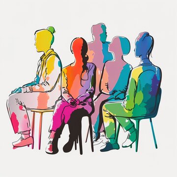one line color drawing group young people meeting - PNG image with transparent background drawn with a pencil illustration are negotiating they are listening to a lecture business Generative AI 