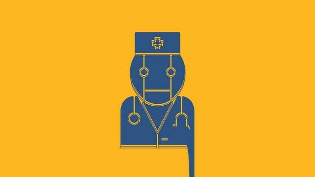 Blue Robot doctor icon isolated on orange background. Medical online consultation robotic silhouette artificial intelligence. 4K Video motion graphic animation