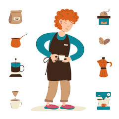 Barista boy with a cup of coffee. A set of vector illustrations of a coffee shop.