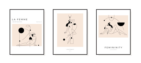 Contemporary abstract poster collection. Nude female body, woman silhouette, minimalist feminine boho design. Mid century, Beauty, Femininity concept, prints set for wall decor. Vector illustration