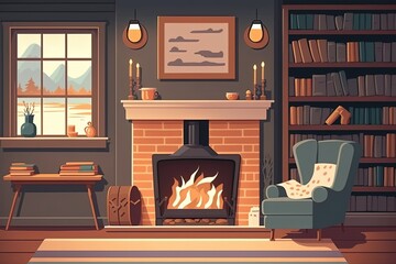 Cozy fireplace in a library in a living room decorated in the style of a traditional Scandinavian farmhouse. Illustration for a website banner. Generative AI