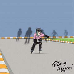 Drawing of a person on roller skates with the words play to win on it
