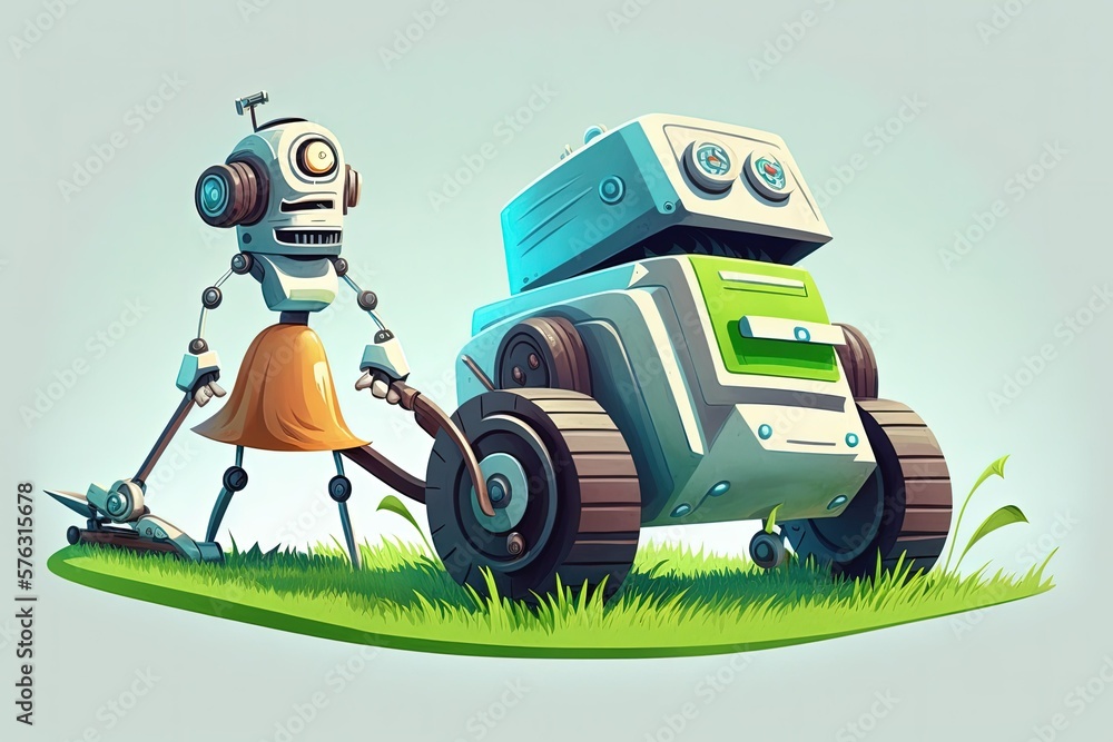 Aufkleber a robot with a lawnmower on the front mows a hillside. generative ai