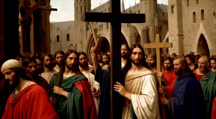 jesus carrying a big cross medieval background - Generative AI