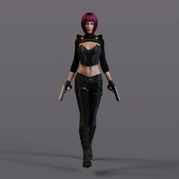 3D-illustration of an female rogutlike ninja fighter fighter in a nanosuit with guns