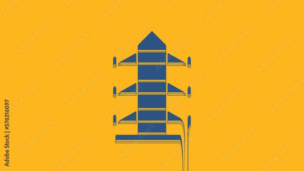 Poster blue electric tower used to support an overhead power line icon isolated on orange background. high 