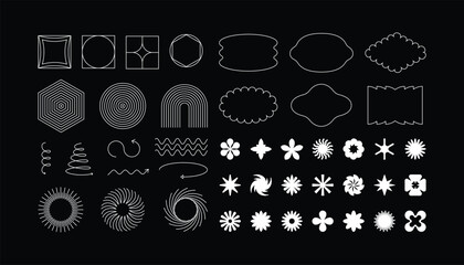 Vector set of minimalist brutalist design elements, futuristic shapes and geometric figures and stars - abstract background elements for branding, packaging, prints and social media posts