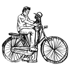 Sketch of couple with old bicycle