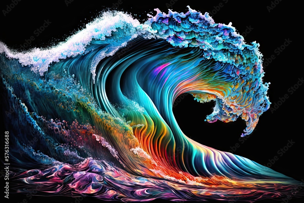 Poster magical multi-colored ocean waves treading shoelands generative ai