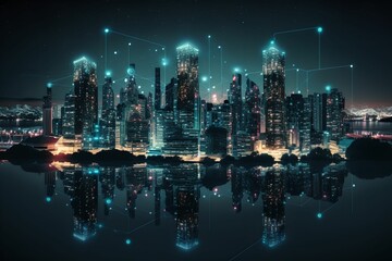 smart city at night, technology city, Generative AI