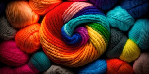 Many colorful Rainbow yarn for knitting. Twisted threads abstract background, Generative AI