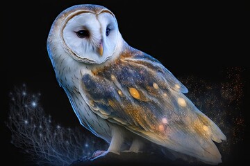 Midnight Magic –The Mystic Sparkle of a Spectral Barn Owl Generative AI