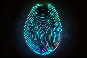 Biometrics identification. Glowing neon fingerprint on dark background, Generative AI