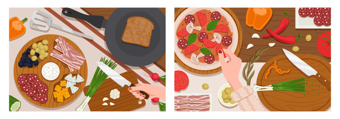 Cooking food, top view. Cook process, ingredients preparation from above. Chefs at work in the kitchen