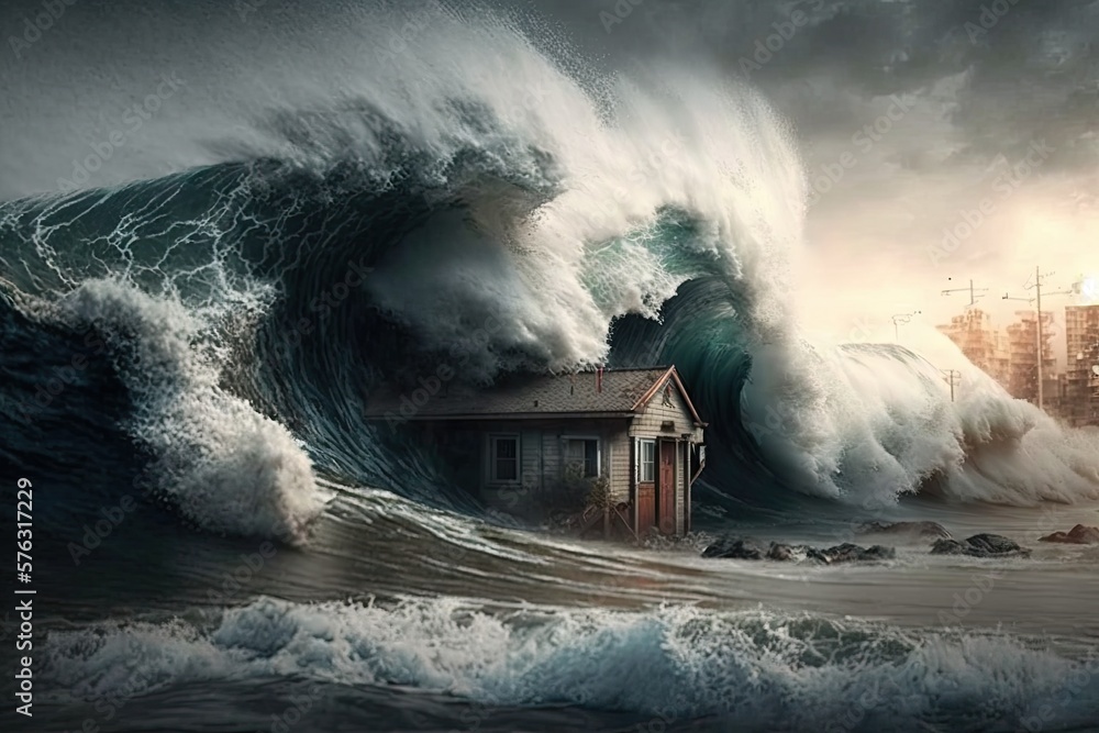 Poster pummeling waves and igniting disaster - making visible the path of an earthquake generative ai