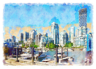 Beautiful view of Vancouver, British Columbia, Canada. Digital imitation of watercolor painting.