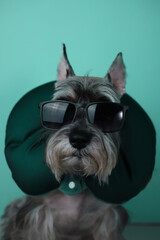 cool gray schnauzer in black rectangular sunglasses and in a travel pillow on a light green background. for advertising, pet stores, banners, flyers, postcards, covers
