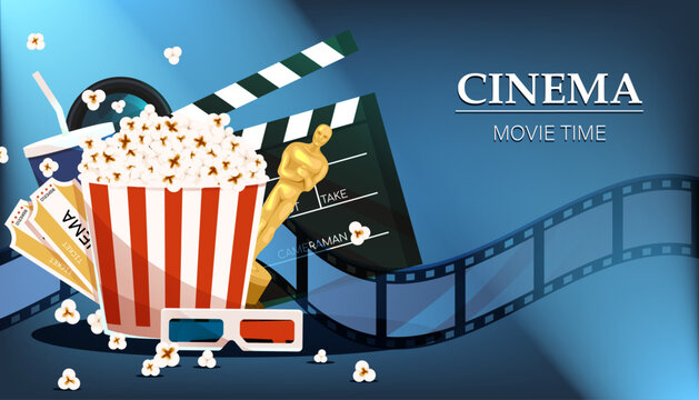 Cinema movie time. Online cinema art movie watching with popcorn, 3d glasses and film-strip cinematography concept. Vector illustration EPS10