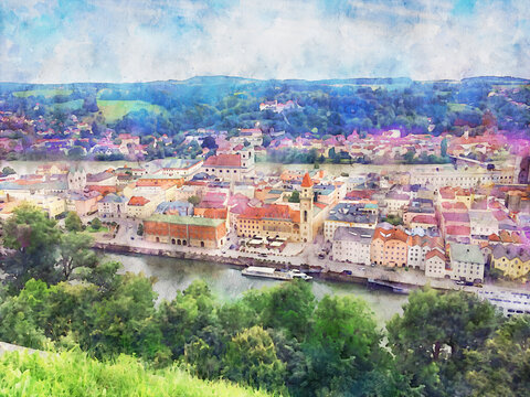 Panoramic view of the Passau, aka City of Three Rivers, Bavaria, Germany. Watercolor painting.
