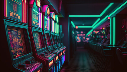 Obraz premium Row of slot machines close up by generative AI