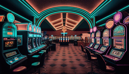 Casino slot machines background by generative AI