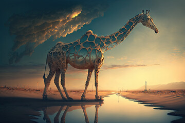 Obraz na płótnie Canvas Surreal Horizons – An Immense Giraffe Traversing Unseen Realms Generative AI