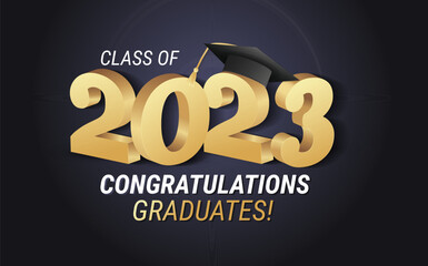 Class of 2023. Congratulations graduates gold graduation concept with 3d text and decorative elements. Graduation typography design template. Congrats graduates Flat style vector illustration