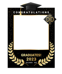 Congratulations graduates class of 2023 photo booth prop. Graduation photo frame design template for selfie , print, party, invitation. Black and gold Flat style vector illustration for grad ceremony. - obrazy, fototapety, plakaty