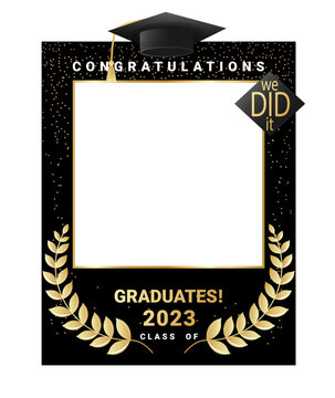 Congratulations graduates class of 2023 photo booth prop. Graduation photo frame design template for selfie , print, party, invitation. Black and gold Flat style vector illustration for grad ceremony.