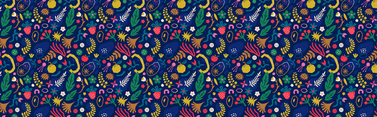 Floral seamless pattern. Colorful banner with flowers, leaves, foliage, plants, branches, fruits, berries and abstract forms. Natural background. Floral composition. Country and bucolic motifs.