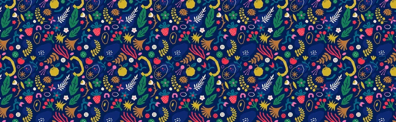 Foto op Canvas Floral seamless pattern. Colorful banner with flowers, leaves, foliage, plants, branches, fruits, berries and abstract forms. Natural background. Floral composition. Country and bucolic motifs. © Léo Alexandre