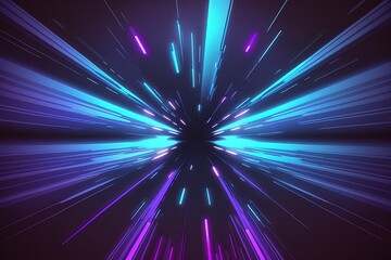 Rapidly moving beams of neon light; an abstract, luminous, vertical backdrop. Futuristic cyberpunk digital quick movement bright laser blue purple background, abstract cosmic motion. Generative AI
