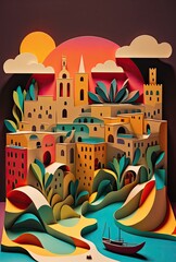 Malta, paper art collage, vibrant layered colored paper, background, AI generative