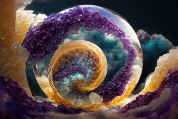 exquisite amber yellow colored citrine and amethyst shimmering crystals trapped inside spiral clear quartz marble ball - Generative AI. 