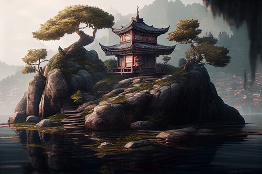 Japanese Temple On A Rock Surrounded By Water