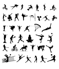 set of people in different sport activities. silhouette illustration of people. collection of different sport activities. collection of sport illustrations.