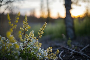 Ecology and the Natural Environment in Close Up. Green and flowering at sunset in the springtime. Close up of dirt in a public park. The forest in the background is blurred, and there is room for copy
