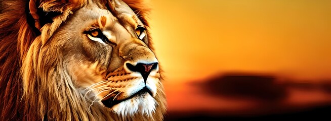 Lion portrait at sunset. The king of the African savannah jungle on safari. Generative ai