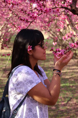 Woman smells the pretty pink peach blossoms.