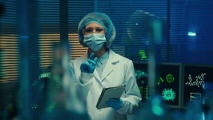 Woman doctor examines glass vials, flasks, test tubes and enters data into tablet. Female scientist in white gown, goggles, mask and gloves in a laboratory or hospital with blue light. - Powered by Adobe