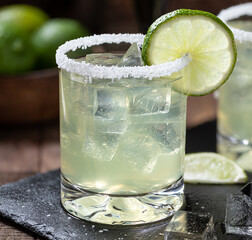 Margarita cocktail with ice, lime and salt riim