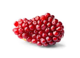 Peeled slice of a pomegranate with large grains on a white background close-up.