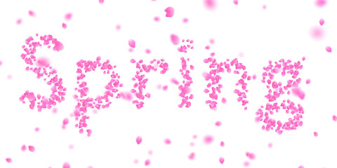 Letters made of a collection of cherry blossom petals and flurry of those petals on transparent background