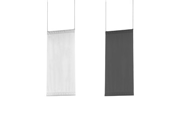 Black and white mockup of a hanging rope with a flag on a white background. 3d rendering.