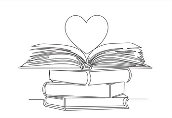 Books stack, Open book and heart, continuous line vector illustration. one line vector drawing of a book and a heart, concept of love of reading. Black and white hand drawn image.