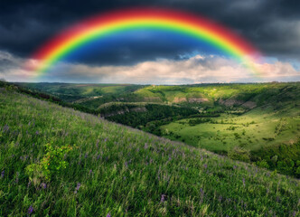Naklejka premium Rainbow over the meadow. picturesque spring morning. nature of Ukraine
