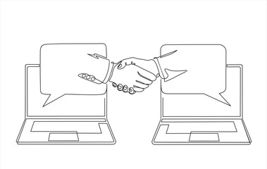 Continuous line drawing of business men shaking hand to deal digital transaction in speech bubbles on screen laptop. One line drawing graphic design. vector illustration