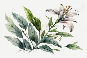 Watercolor of a lily (Lilium) branch and leaves on a white backdrop. Generative AI