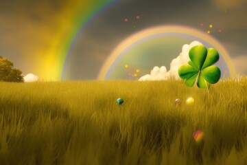 pltn style, Pot of gold coins, clover leaves and rainbow. St. Patrick's day generative ai