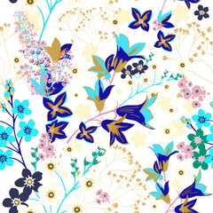 Abstract seamless pattern of forget-me-nots and bluebells. Background for creating textiles, fabrics, paper, wallpapers. Dark background. Vector illustration.